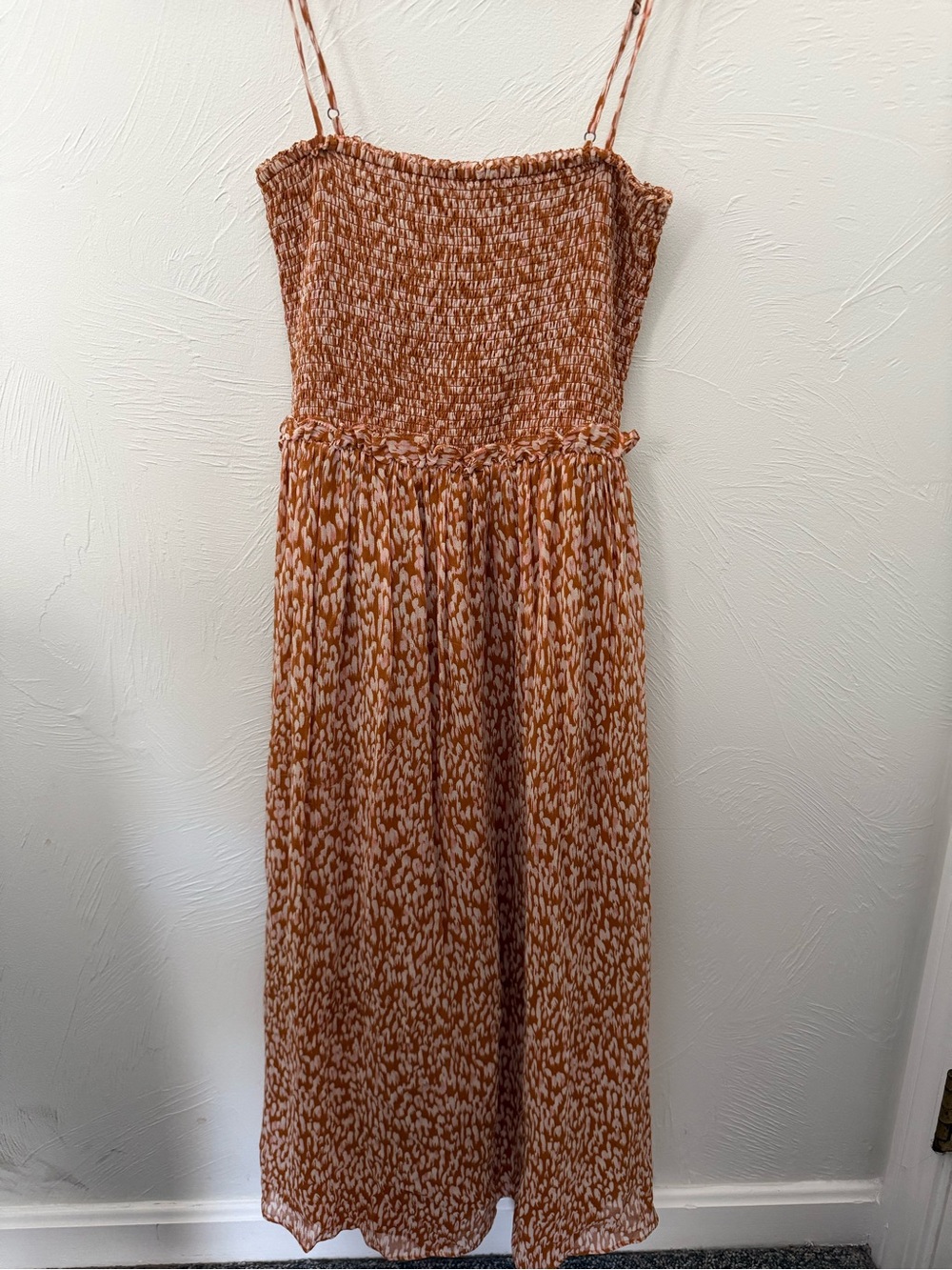 Joie Rust and Cream Strapless Smocked Midi Dress